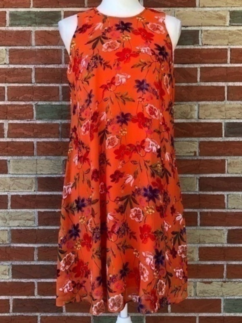 Calvin Klein Orange Floral Babydoll Swing Sleeveless Mini Dress 👗
